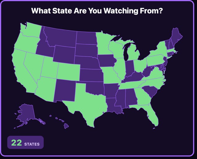 US map with the states viewers are watching from lit in green